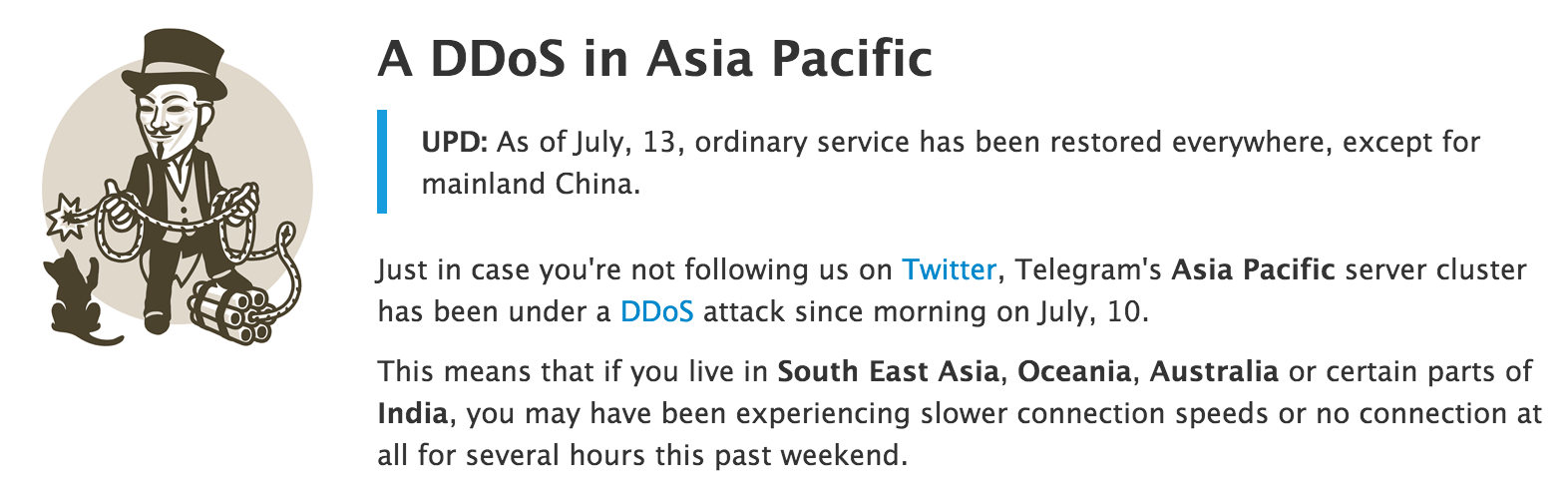  As of July, 13, ordinary service has been restored everywhere, except for mainland China.