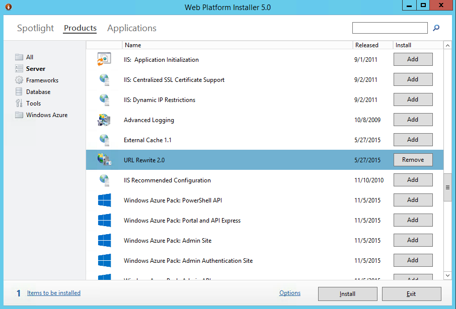 An image of Web PI Installer, which have URL Rewrite 2.0 selected.